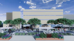 Sectional view of Latymer Upper School landscape design with trees, flowers and student figures